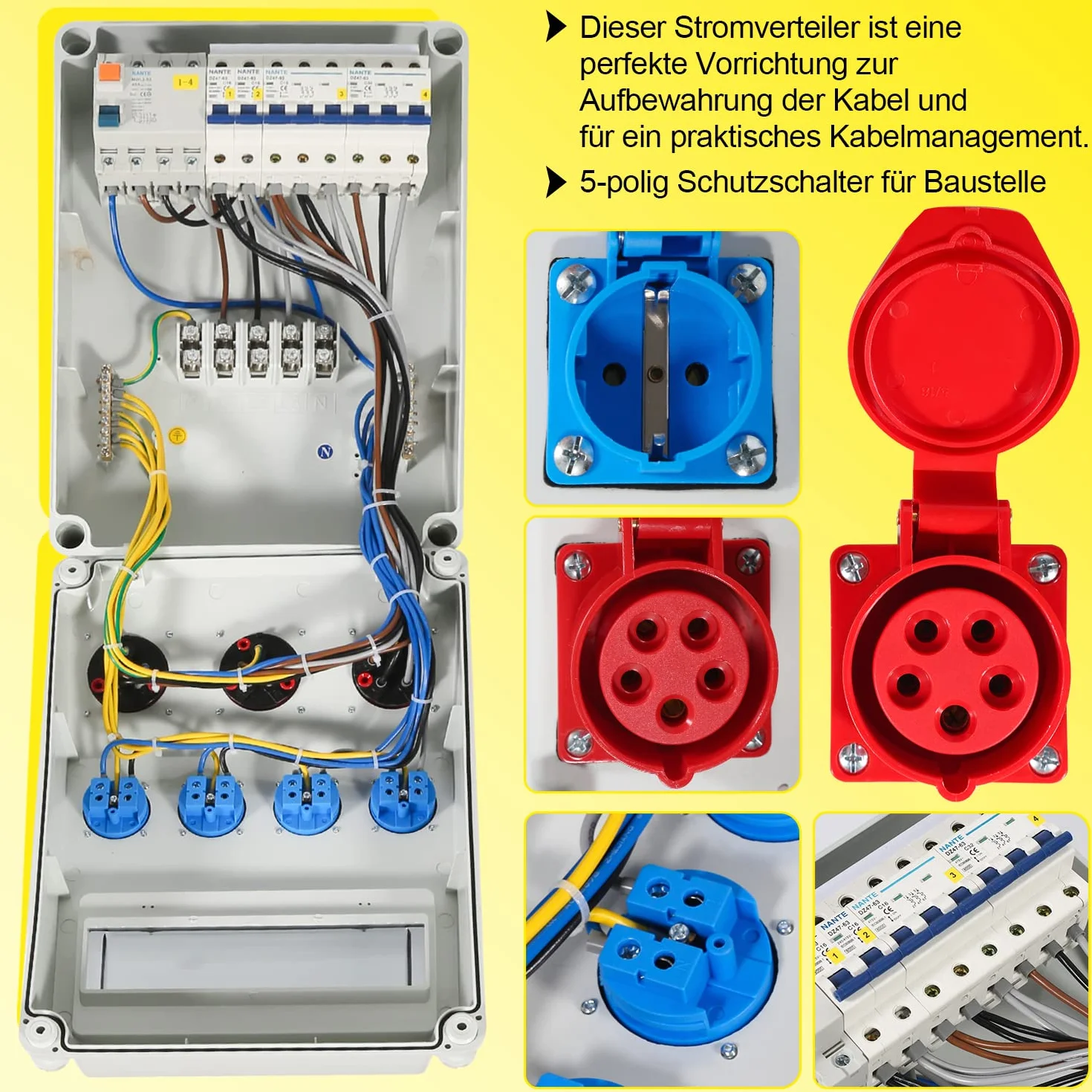 Herrselsam Baustromverteiler, 1X32A 2X16A 4x230V MIT LS+FI mit Leitungsschutzschalter und RCCB, 5 polig Wandverteiler mit 4 Schutzkontaktsteckdosen und CEE 16/32A, Innen Außenbereich auf Baustellen