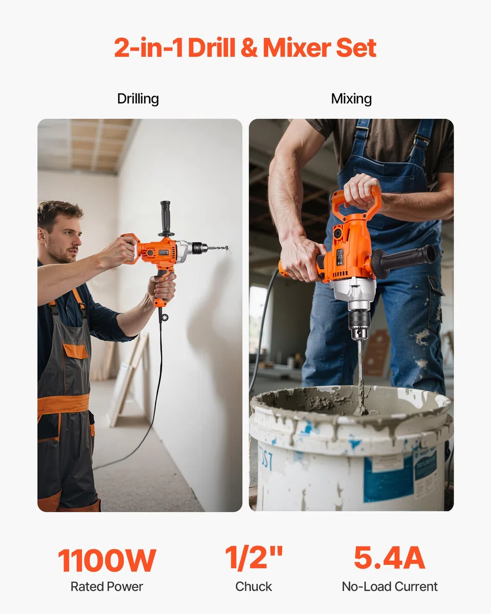 VEVOR elektrische Bohrmaschine 12,7 mm mit Mixer Bohrmaschinenmischer Set 850 U/min 3,2 A Mischbohrmaschine mit D-Griff zum Bohren & Mischen multifunktionale Bohrgerät mit Mischer für Futter Zement