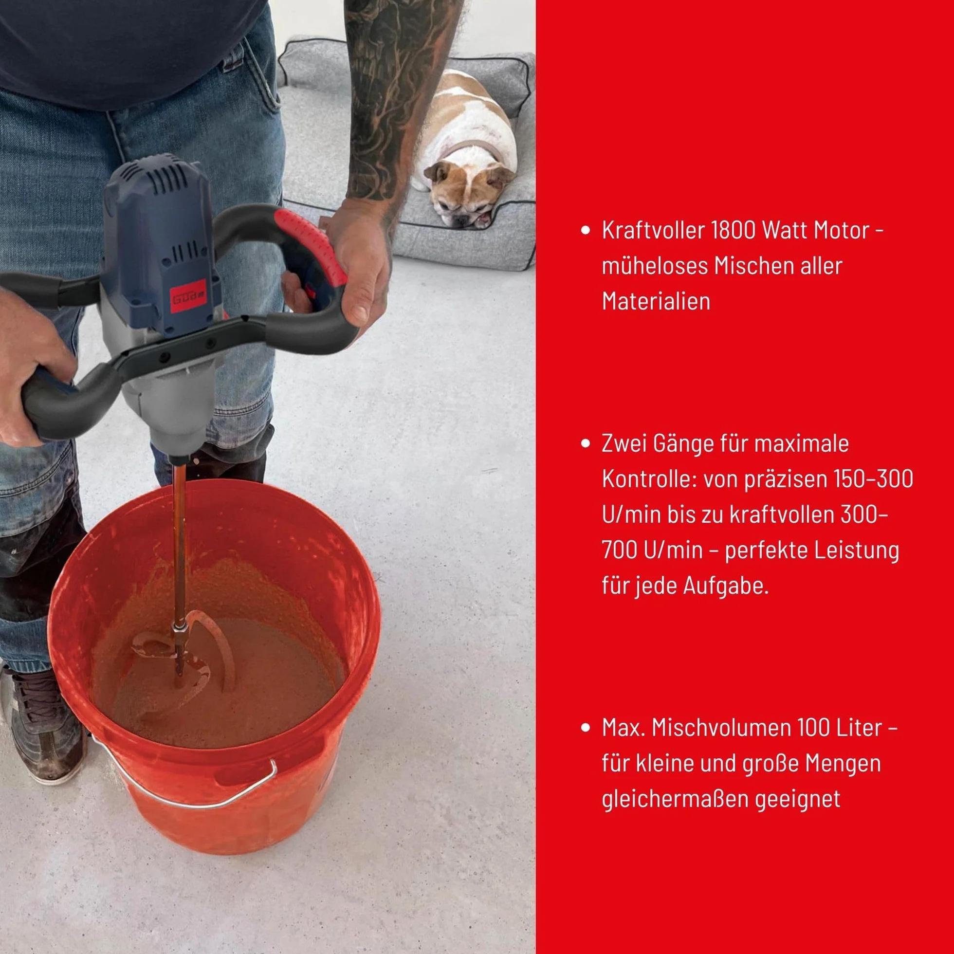 Güde Rührwerk GRW 1800 (professioneller Mörtel- und Farbrührer, 1800 W, max. 700 1/min, elektronische Drehzahlregulierung, Soft-Start-Funktion, Schalter für Dauerbetrieb, 2 Rührkörbe, Test SEHR GUT)
