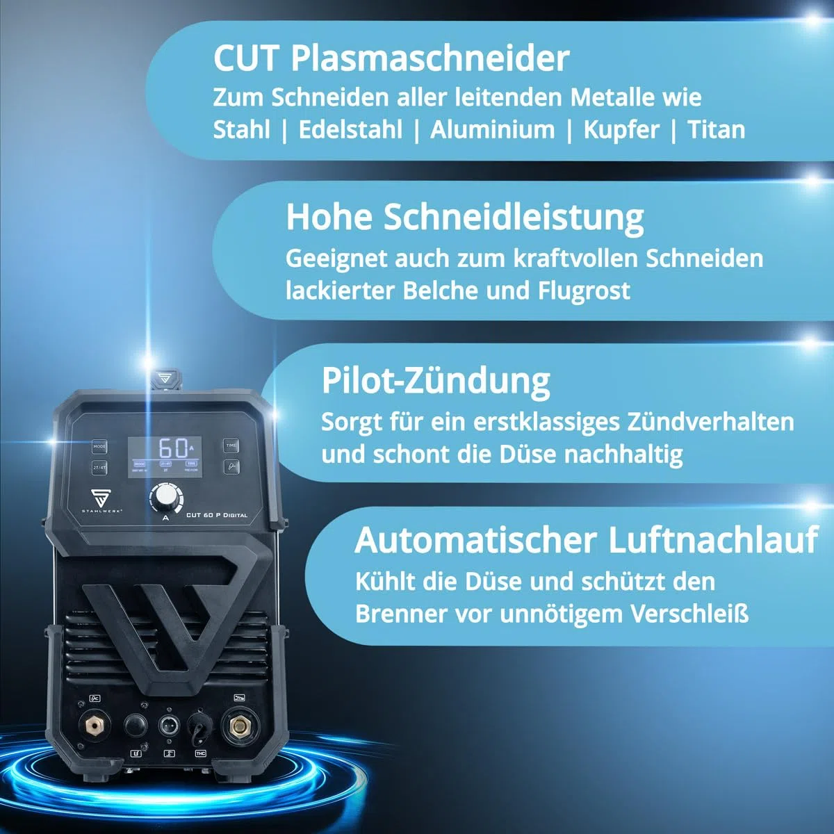 STAHLWERK Plasmaschneider CUT 60 P Digital – Plasmaschneidgerät mit 60 A, Schneidleistung bis 20 mm, Inverter Plasma Cutter mit HF-Pilotzündung, THC-Schnittstelle für CNC-Höhenregelung