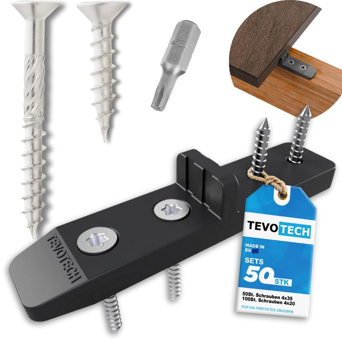 TEVOTECH Terrassenverbinder Set (50 Stück) inkl. Edelstahlschrauben – Unsichtbare Befestigung für Holz-Terrassendielen – Kunststoffclips mit Abstandshalter