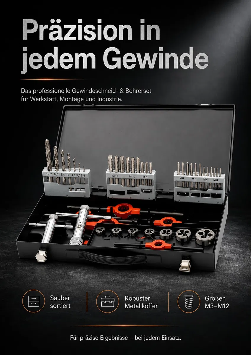 BAER Gewindeschneider Set 30-tlg. M3–M12 HSS-G | Handgewindebohrer + Schneideisen DIN 352/DIN 13 | Windeisen & Schneideisenhalter in Metallkassette | Profi Gewindeschneidsatz Innen- & Außengewinde