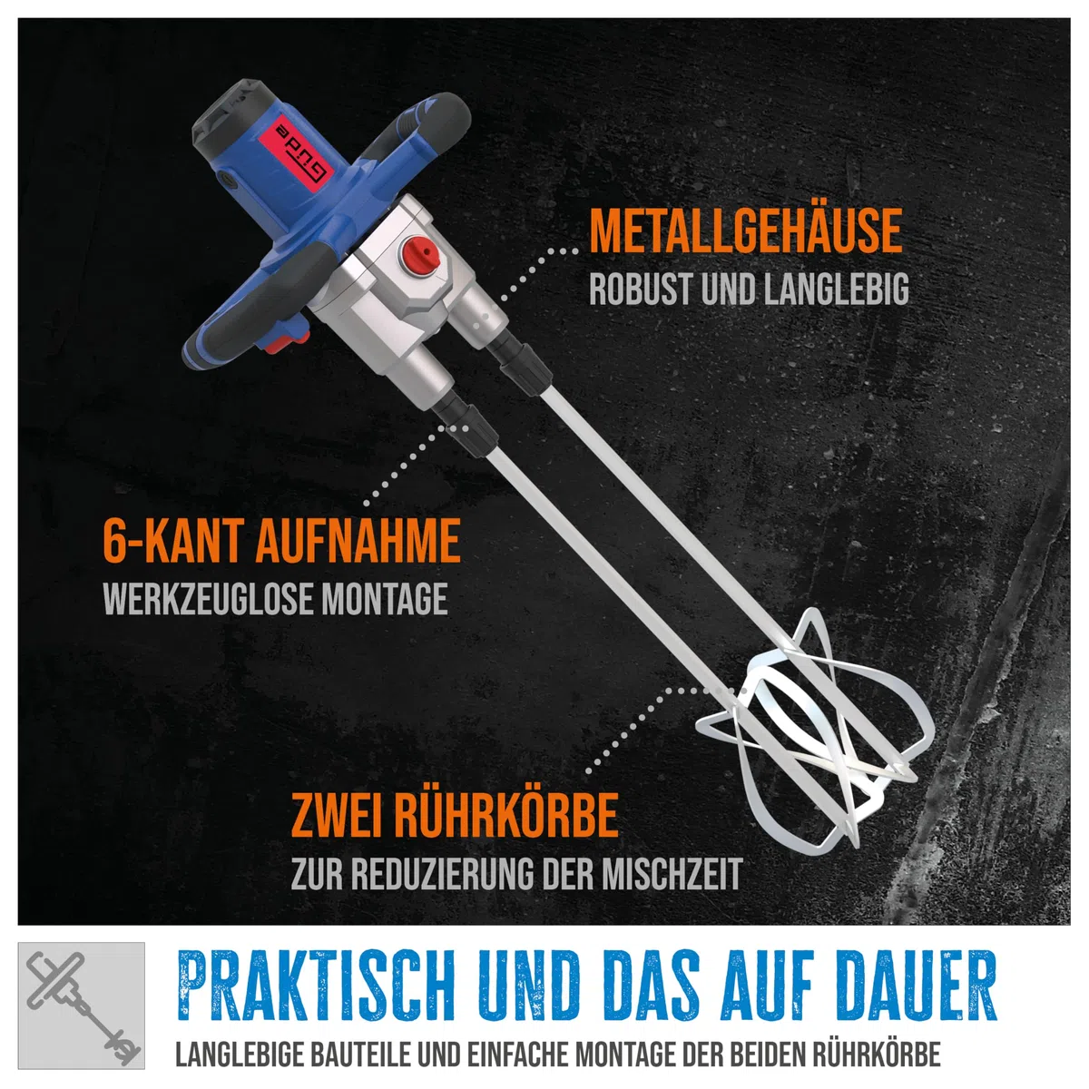 Güde Rührwerk GRW 1811.1 TWIN (1800 W, 2-Gang-Getriebe, 0-460 | 0-620 1/min max. Leerlaufdrehzahl, 100 l max. Mischvolumen, Mischzeitreduzierung bis zu 50%, Soft-Start-Funktion, Metallgetriebegehäuse)