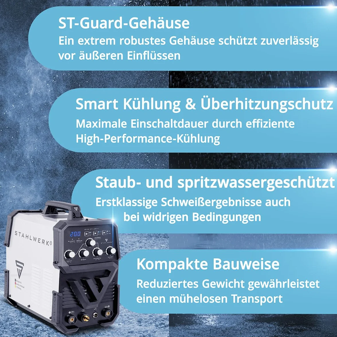 STAHLWERK Schutzgasschweißgerät 2-in-1 Kombi AC/DC WIG 200 ST – WIG & MMA (E-Hand/ARC) bis 200 A, HF-Zündung, Hotstart, Anti-Stick, 2T & 4T-Modus, AC WIG-Schweißen für Aluminium, IGBT-Technologie
