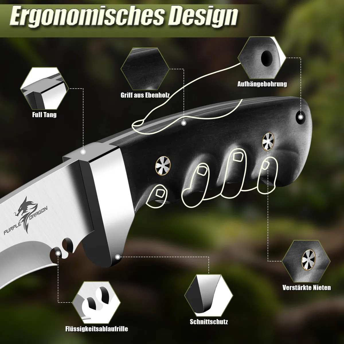 Purple Dragon Großes Outdoor Messer - Feststehende Klinge mit Scheide - Scharfe Bushcraft Camping Messers mit Holzgriff - Full Tang Messers Survival, Geschenke für Männer