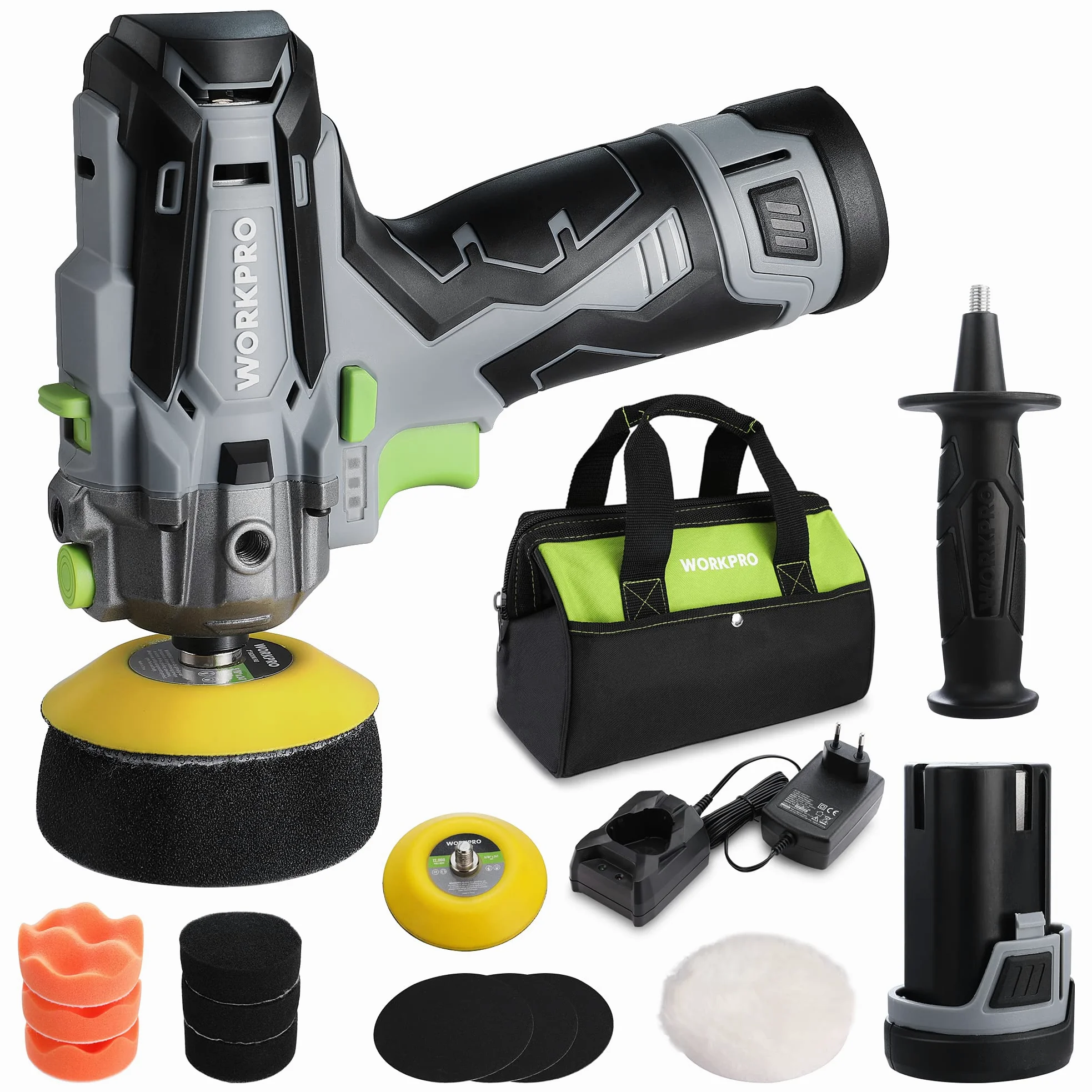 WORKPRO Mini Poliermaschine, 12V Akku Poliermaschine, Auto Poliermaschine Polierer 7500RPM, 2 x 2,0Ah Batterien, 1 Stunde Schnellladung, 75mm Polierschwamm + Wollscheibe, für Auto, Möbeln, Metall