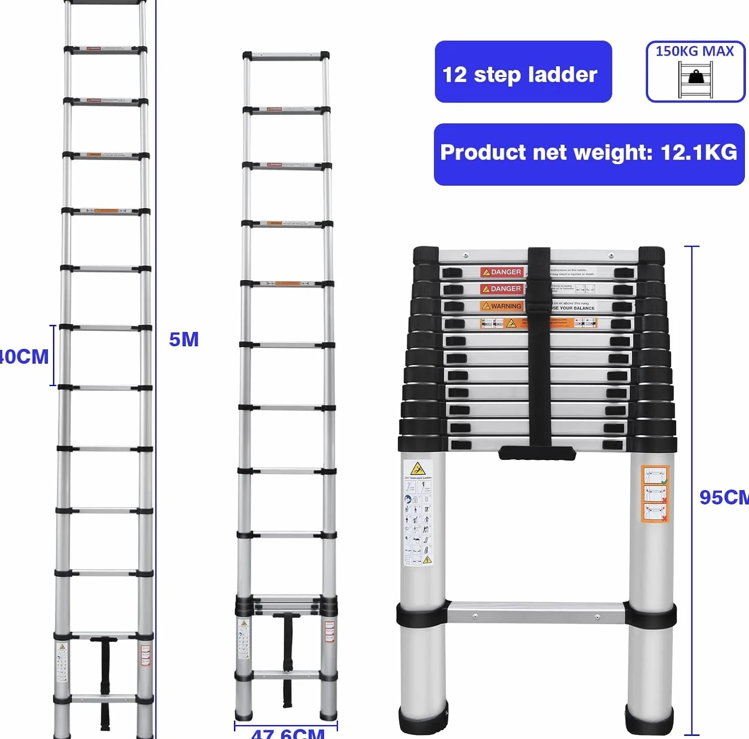 5M Teleskopleiter, Klappleiter Aluleiter Mehrzweckleiter Rutschfester Ausziehleiter Ausziehbare Leiter Sprossenleiter Stehleiter Tragbar Leichte Leiter Schiebeleiter 150 kg Belastbarkeit