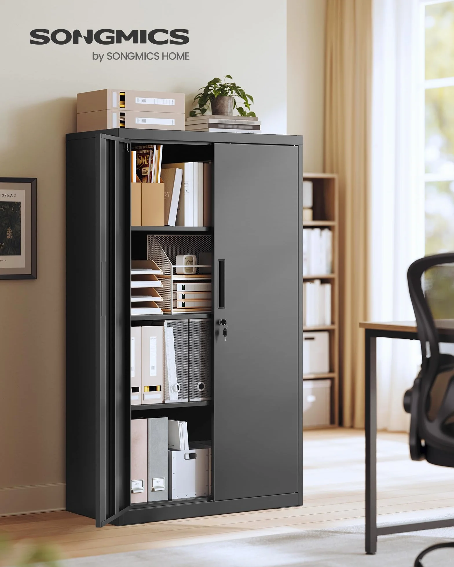 SONGMICS Aktenschrank, Metallschrank, Aufbewahrungsschrank, Büroschrank abschließbar, mit 2 Türen, aus Stahl, 80 x 40 x 140 cm, 3 verstellbare Ablagen, Mattschwarz OMC020BD01