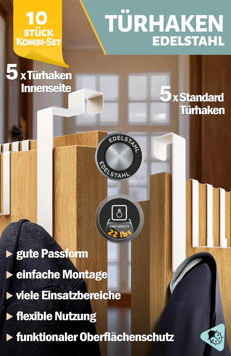 Menz Türhaken zum Einhängen, 10 Stück Set in Weiß - 5 x Standard Kleiderhaken Tür + 5 x Türhaken Innenseite, individuell verwendbar, stabile Türgarderobe, Türhakenleiste