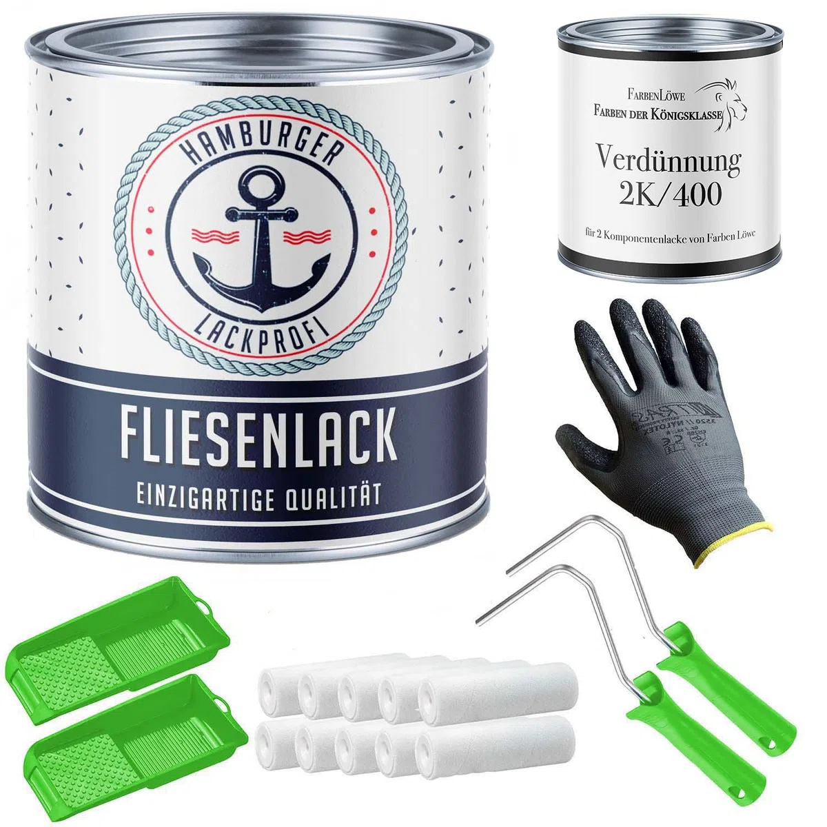 Fliesenlack SEIDENMATT Weiß RAL 9010 Weiß Fliesenfarbe für Bodenfliesen & Wandfliesen mit Lackier-SET (X300) und Verdünnung // Hamburger Lack-Profi (2,5 L)