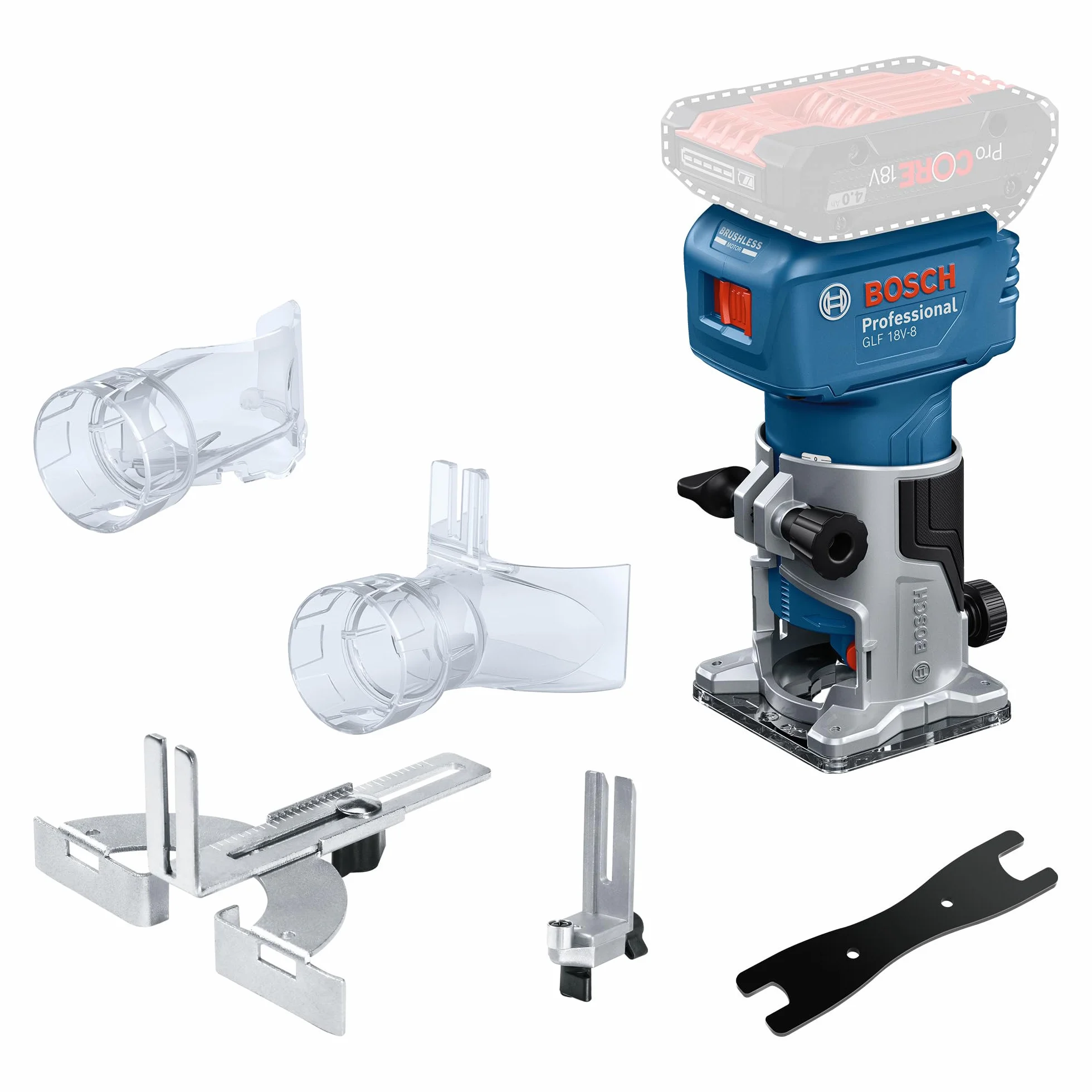 Bosch Professional 18V System Akku-Kantenfräse GLF 18V-8 (inkl. Parallelanschl., Saugadapter Oberflächenfr. & Kantenfr., Rollenführung bündiges Schneiden, 8mm-Spannz., Spannschl., o. Akku/Ladeger.)