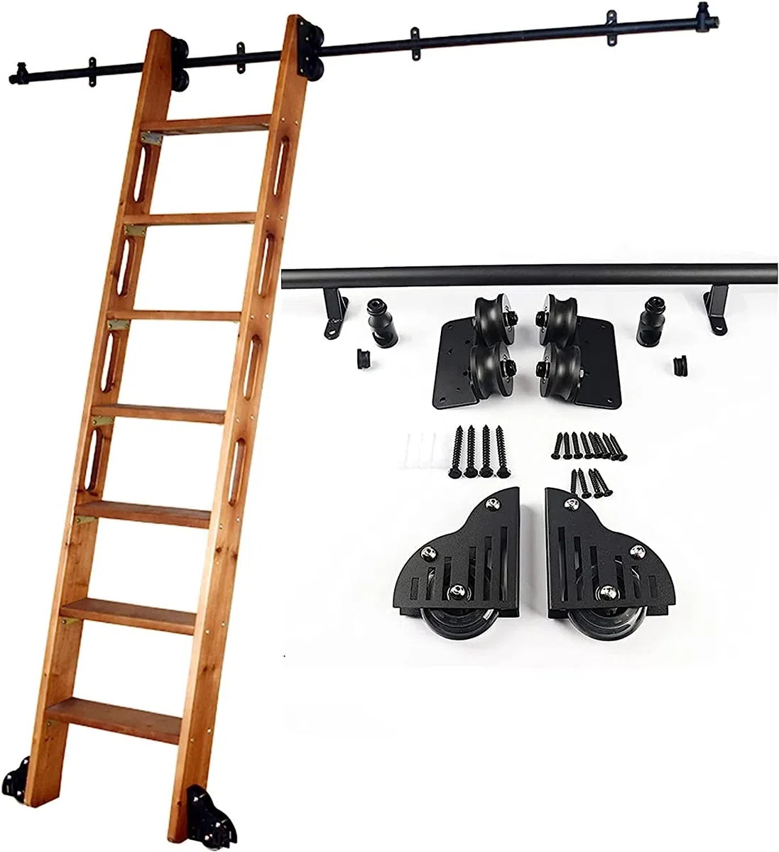 Library Rolling Ladder Track Full Set Hardware, with Floor Roller Wheel Mobile Leiter Track Carbon Steel Slide, Sliding Barn Door Kit (No Ladder) (Size : 6.6ft/200cm Track Kit)