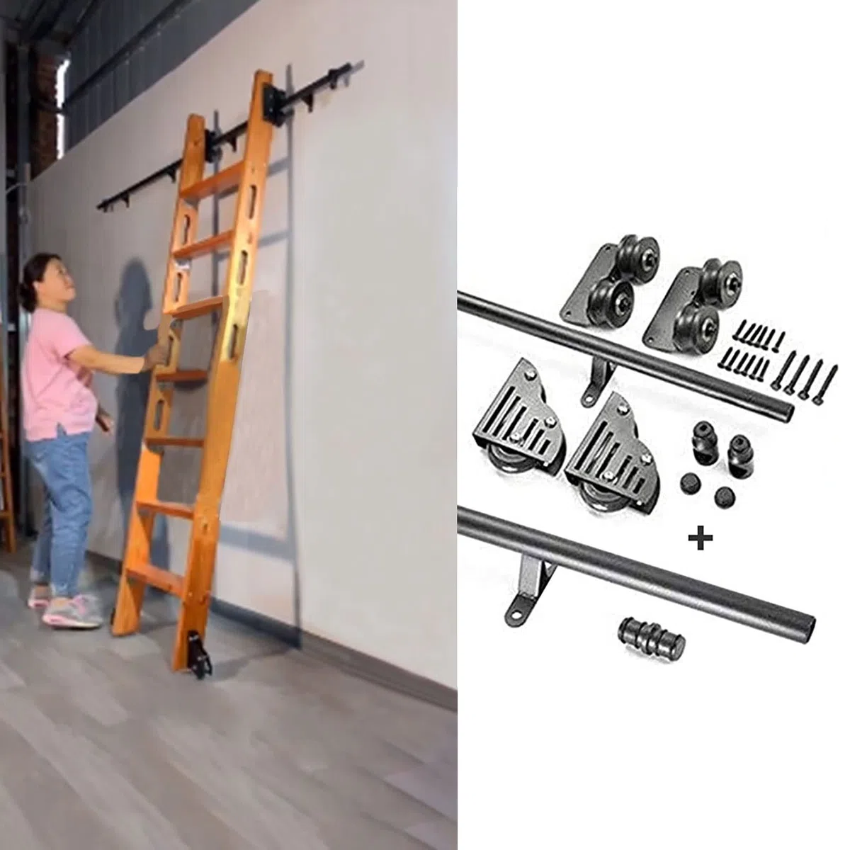 XJHOME Schwarze Edelstahl Gleitbibliotheksleiter Hardwar Gleitbibliothek Leiter Hardware(keine Leiter), Rolling Bibliotheksleiter Hardware-Kit, mit Bodenrollenrädern, 3.3ft-20ft Stahl Rundrohr Mobile