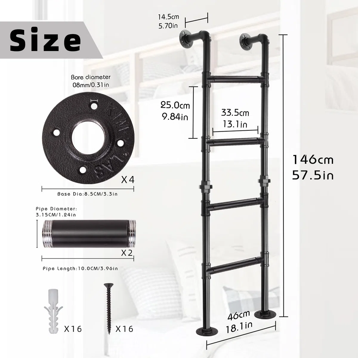 4-Sprossen Wandleiter aus schwarzem Metall, 146 cm/4.8FT, bis 150 kg belastbar, Wand- und Bodenmontage, Robuste Ausstiegsleiter für Etagenbett, Loft, Dachboden, und Kellerfensterschacht