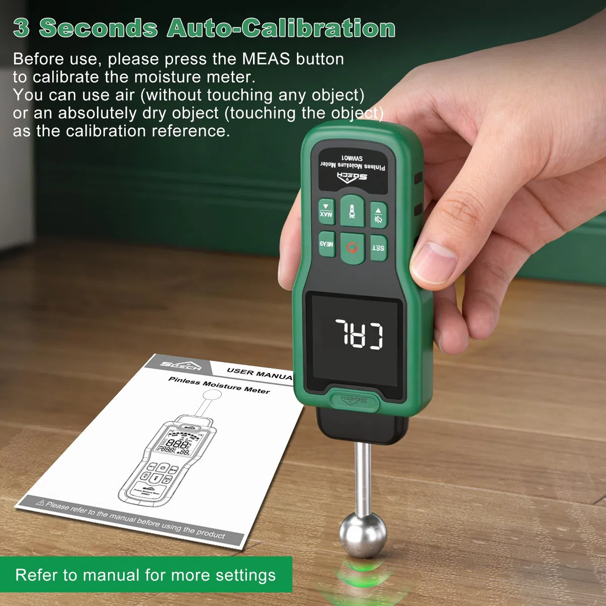 Feuchtigkeitsmessgerät, SQECH Feuchtigkeitsmesser mit Thermometer, Taschenlampe, Alarm, Multifunktionaler Feuchtemessgerät mit Farb-LCD, für Wand, Holz, Mauerwerk,Wohnwagen, Wohnung