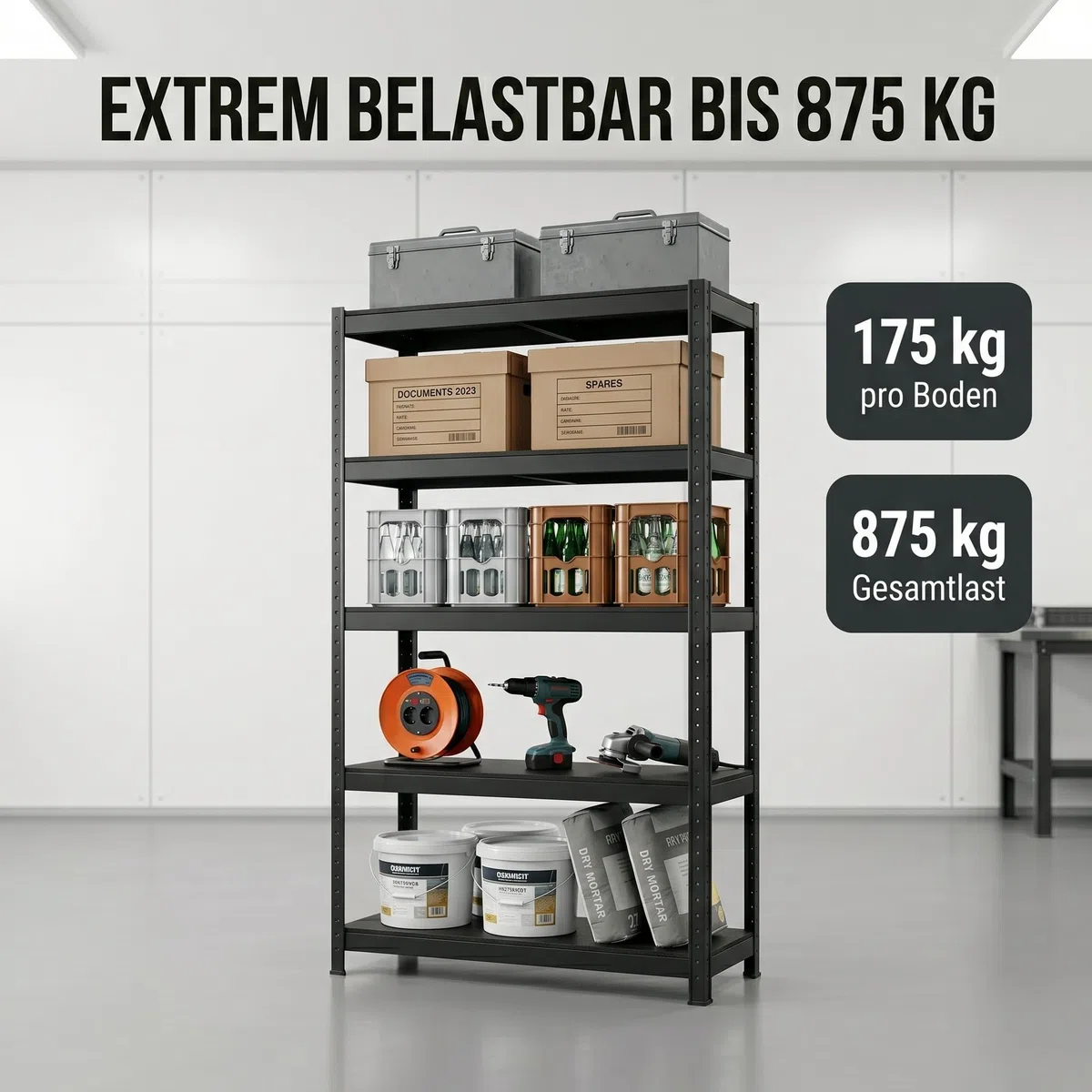 ALBATROS SR2B Premium Schwerlastregal Schwarz 2er Set – 875 kg belastbar, wasserfest, Matte laminierte Böden, 5 verstellbare Ebenen, teilbares Steckregal 180x90x40 cm, Stahlregal inkl. 2 Haken