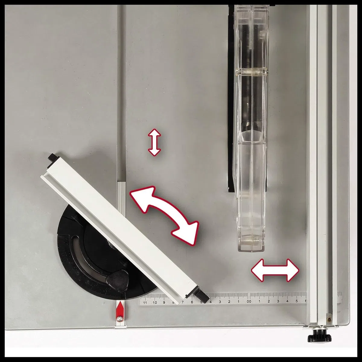 Die Einhell Tischkreissäge TC-TS 200 (800 W, 45 mm Schnitthöhe, Ø 200 mm Sägeblatt, Winkelanschlag, Sägeblattneigung, Schiebestock)