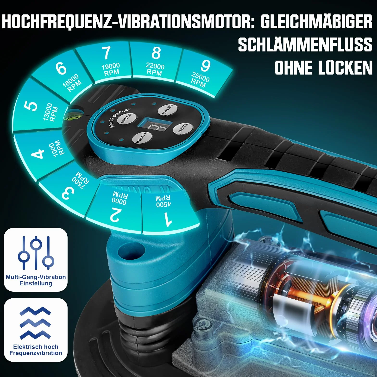 2 IN 1 Akku Fliesenrüttler & Saugnäpfen mit 2x2000mAh Akkus, Fliesenvibrator mit 22.5x12 Saugnapf | 250KG Adsorption | 9 Gang Einstellbaren 25000u/min Fliesenmaschine für 0.3-1.8m Fliesen Wandfliesen