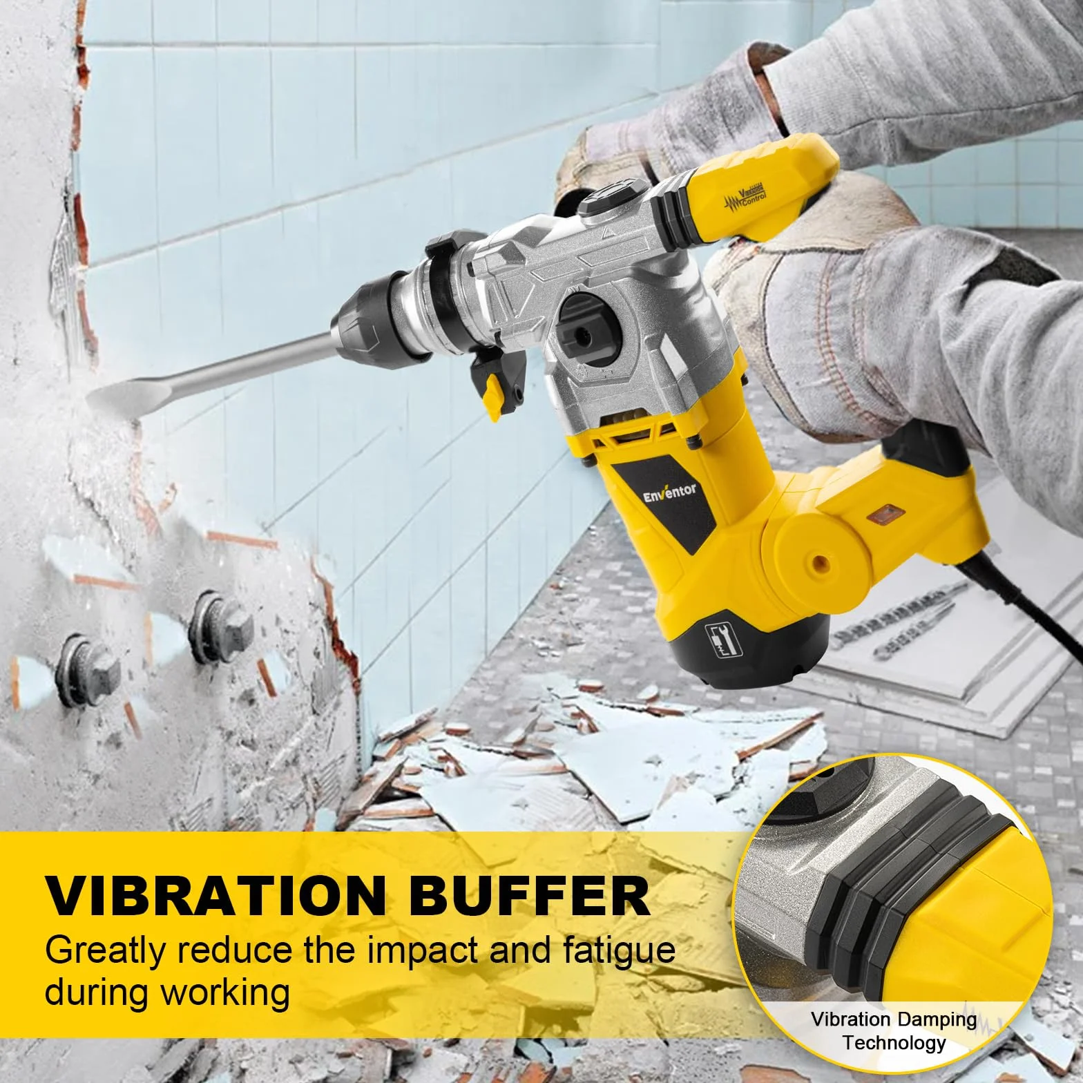 ENVENTOR SDS-Plus Bohrhammer, 1500W Schlagbohrmaschine, 6Joule Abbruchhammer mit Anti-Vibrationsgriff, Max 4500 BPM, 4 Funciones Kombihammer, Max Bohrleistung in Beton(32mm), Metall(13mm), Holz(40mm)