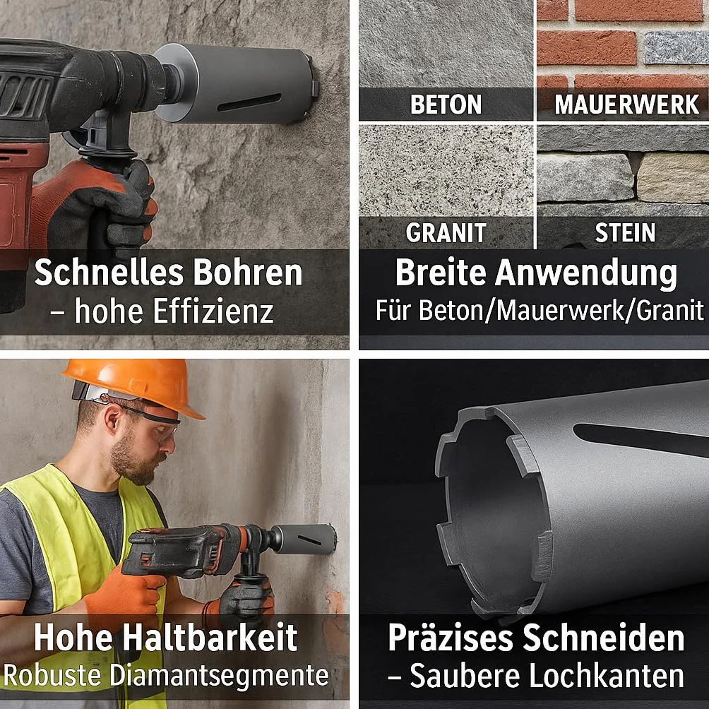 Diamantbohrkrone/Kernbohrer/Dosenbohrer DM 32-150mm L 200mm Inkl. SDS-PLUS Adapter & Zentrierbohrer – Komplettset für Bohrhammer – Sofort einsatzbereit für Beton, Mauerwerk & Stein(DM 68mm L 200mm)