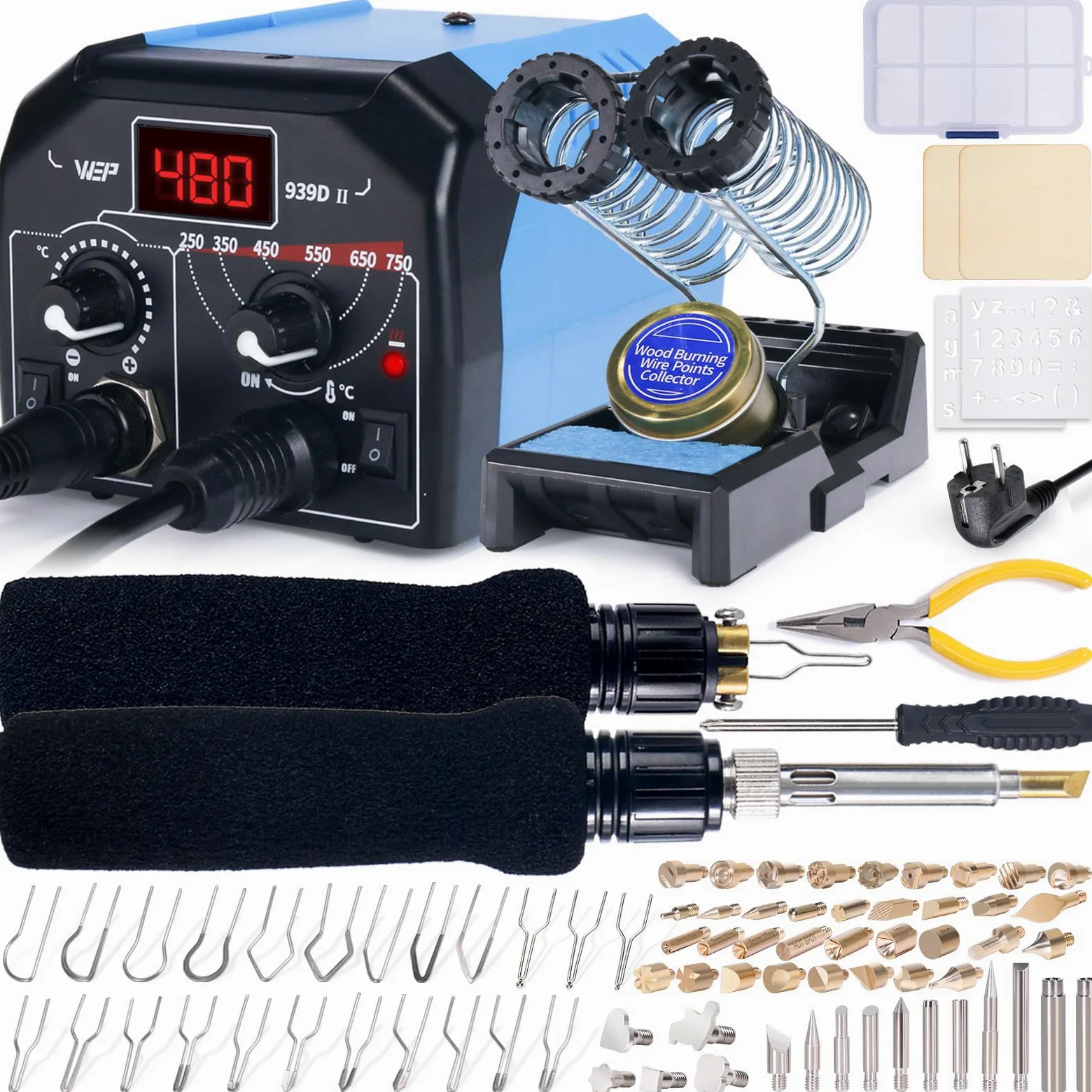 WEP 939D-II 2-in-1 Brandmalkolben Set 86-teilig – Brandmalerei Set mit 51 festen Spitzen & 23 Drahtspitzen – Brennpeter für Holzgravur inkl. Schablonen, Holzbrennstift & Zubehör (EU-Stecker)