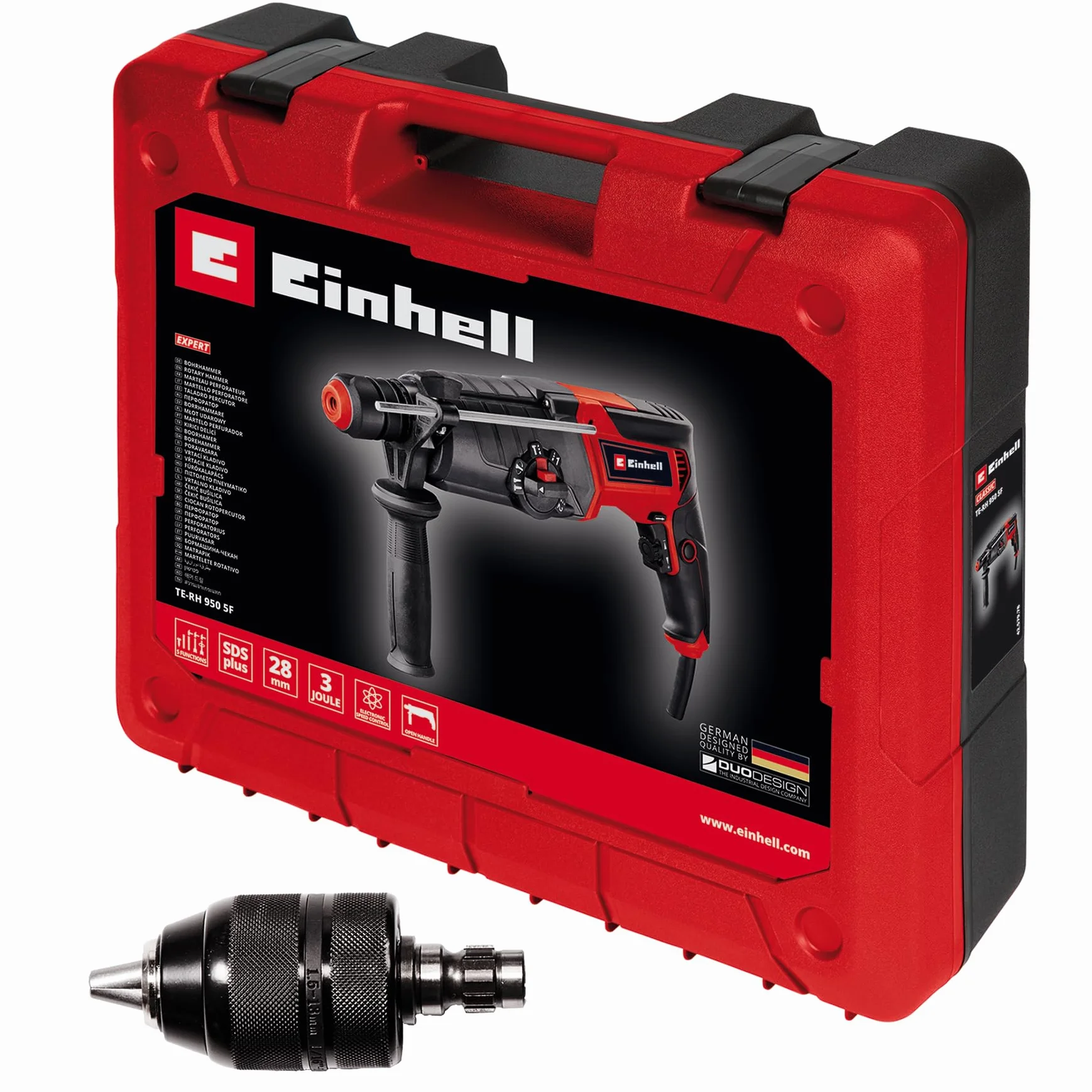 Einhell Bohrhammer TE-RH 950 5F (950 W, 2-Gang-Getriebe, Schlagstärke 3 J, SDS-plus-Aufnahme, Bohrleistung Beton 28 mm, Bohrtiefenanschlag, Lieferung im Koffer)
