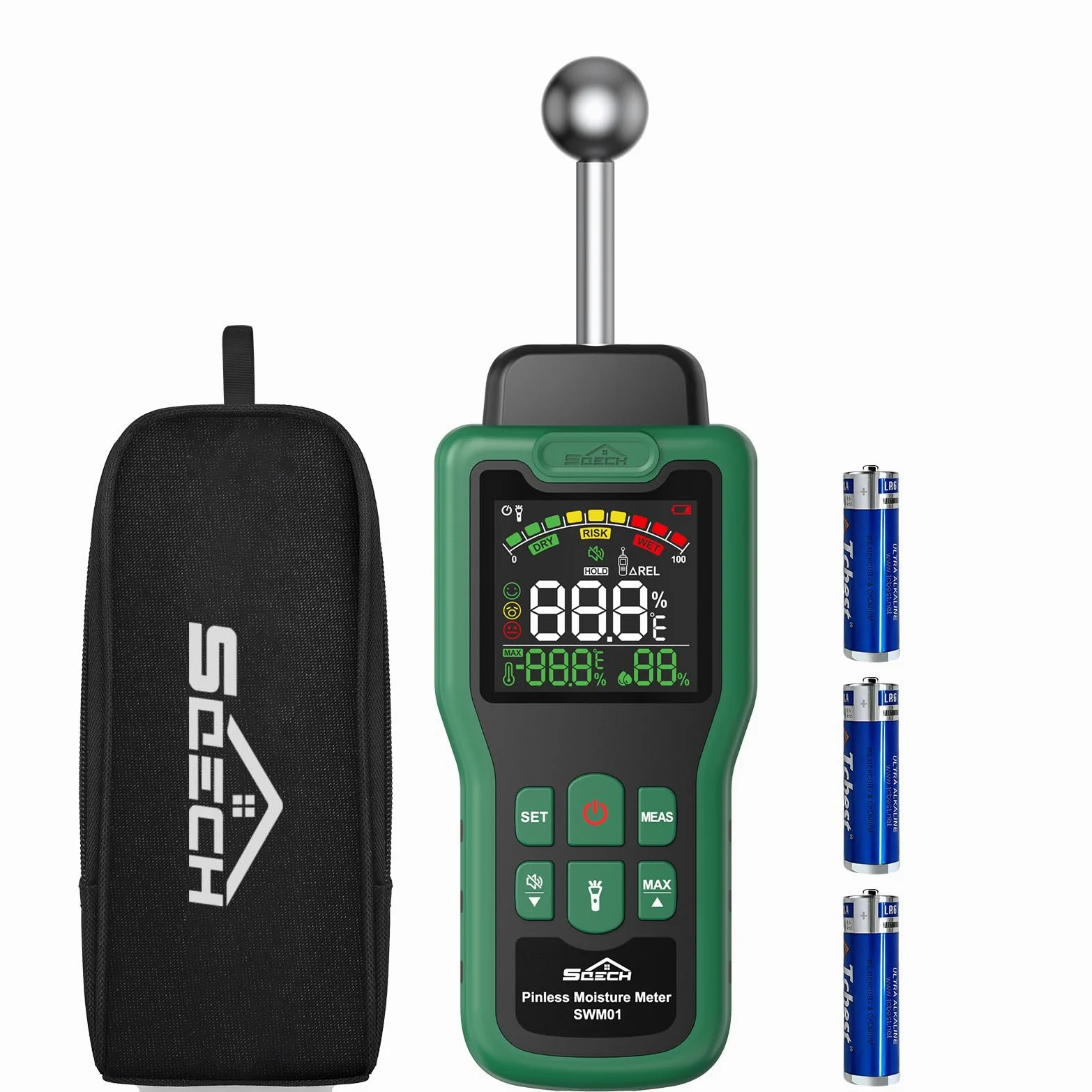 Feuchtigkeitsmessgerät, SQECH Feuchtigkeitsmesser mit Thermometer, Taschenlampe, Alarm, Multifunktionaler Feuchtemessgerät mit Farb-LCD, für Wand, Holz, Mauerwerk,Wohnwagen, Wohnung