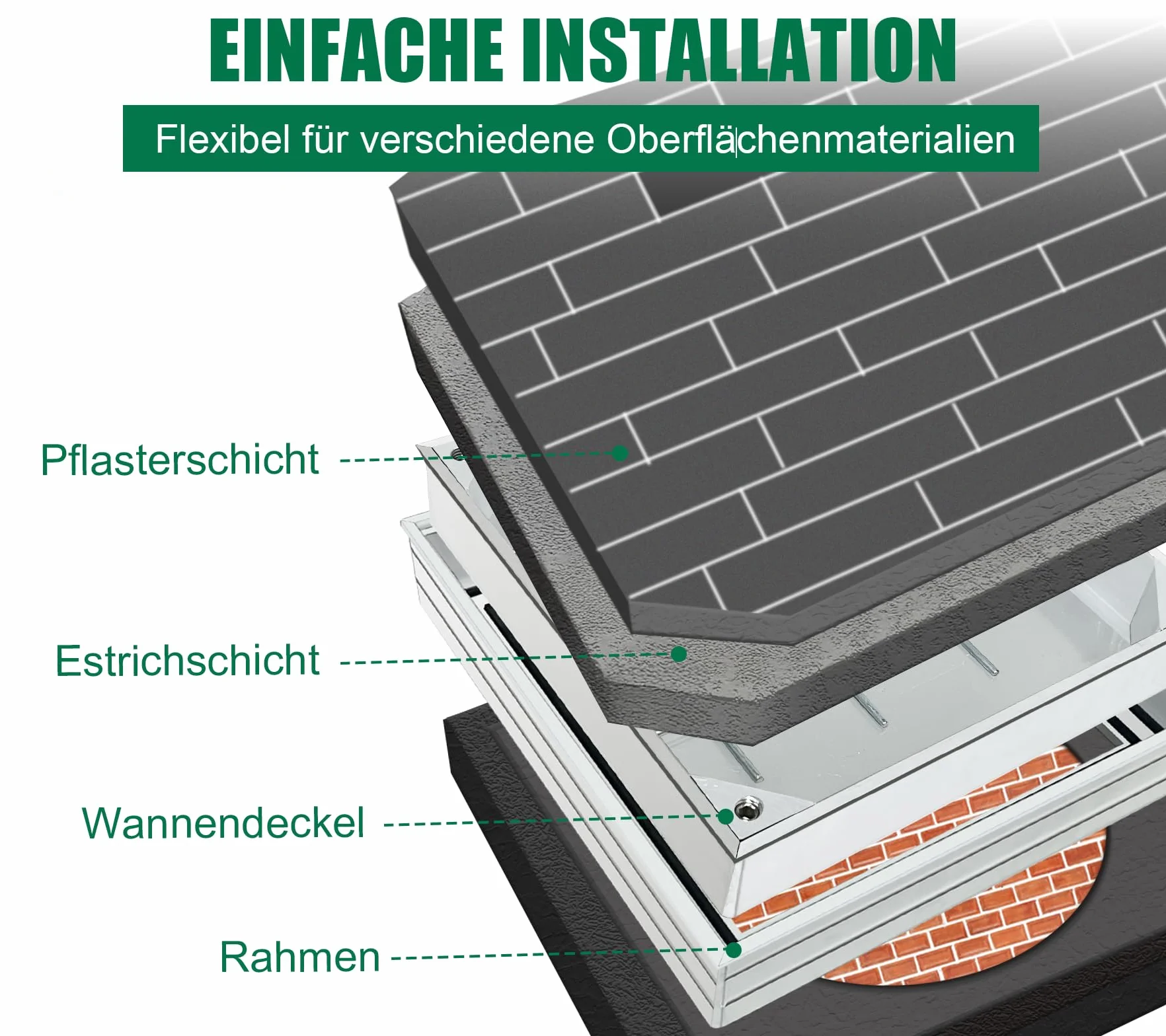 Schachtabdeckung Befliesbar Alu Lichte Weite: 300 x 300 mm | Höhe: 55 mm Schachtdeckel Auspflasterbar mit Dichtung ＆ Rahmen für Innen/Außen Geruchsdicht Wasserdicht Rostfrei inkl. Hebegriffen