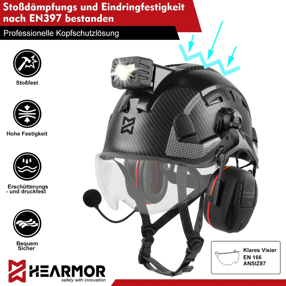HEARMOR Höhenarbeiten Industriehelm Erwachsene Bauhelm mit Aktivem Gehörschutz ABS Schutzhelm Zertifizierung EN12492 Bestanden EN397 Stoßdämpfung und Eindringfestigkeit Test SNR 32dB mit Bluetooth