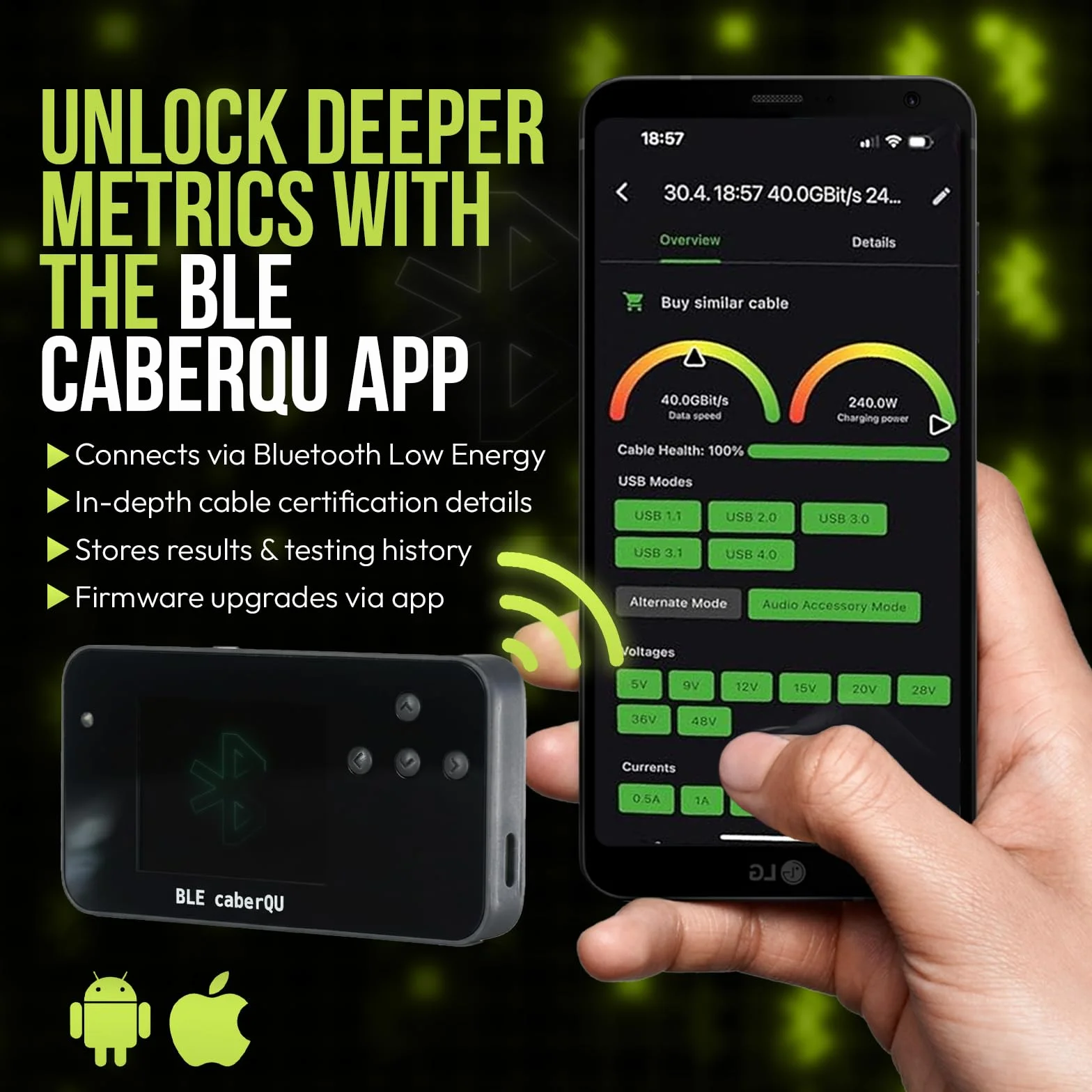 BLE caberQU Digitaler USB-C-Kabeltester, USB PD 3.0/3.1/3.2 eMarker-Anzeige, 25-polige Kontinuitäts-Pinbelegung, USB 2/3/4, Kabelwiderstand, iOS & Android App (BLE caberQU Sicherheitsset)