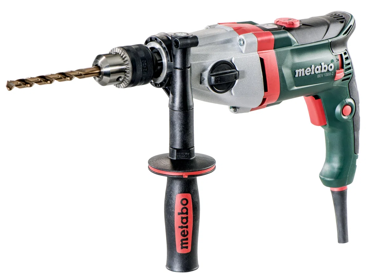 metabo Bohrmaschine BEV 1300-2, 1300W 2-Gang Bohrer für Holz & Stahl | Netzbetriebene Schlagbohrmaschine mit Impulsfunktion, VTC-Elektronik, Marathon-Motor, Zahnkranzbohrfutter & Zusatzhandgriff
