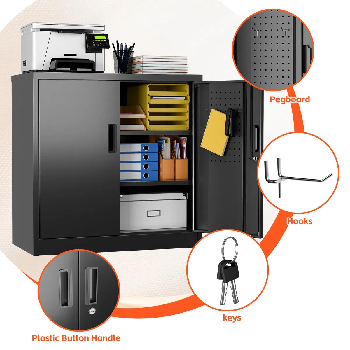 Metallschrank mit Lochplatte und Haken, 80 cm Hoch, 2 Verstellbare Regalböden, Geeignet für Zuhause, Büro, Garage, Schule, Zum Selbstaufbau, Schwarz
