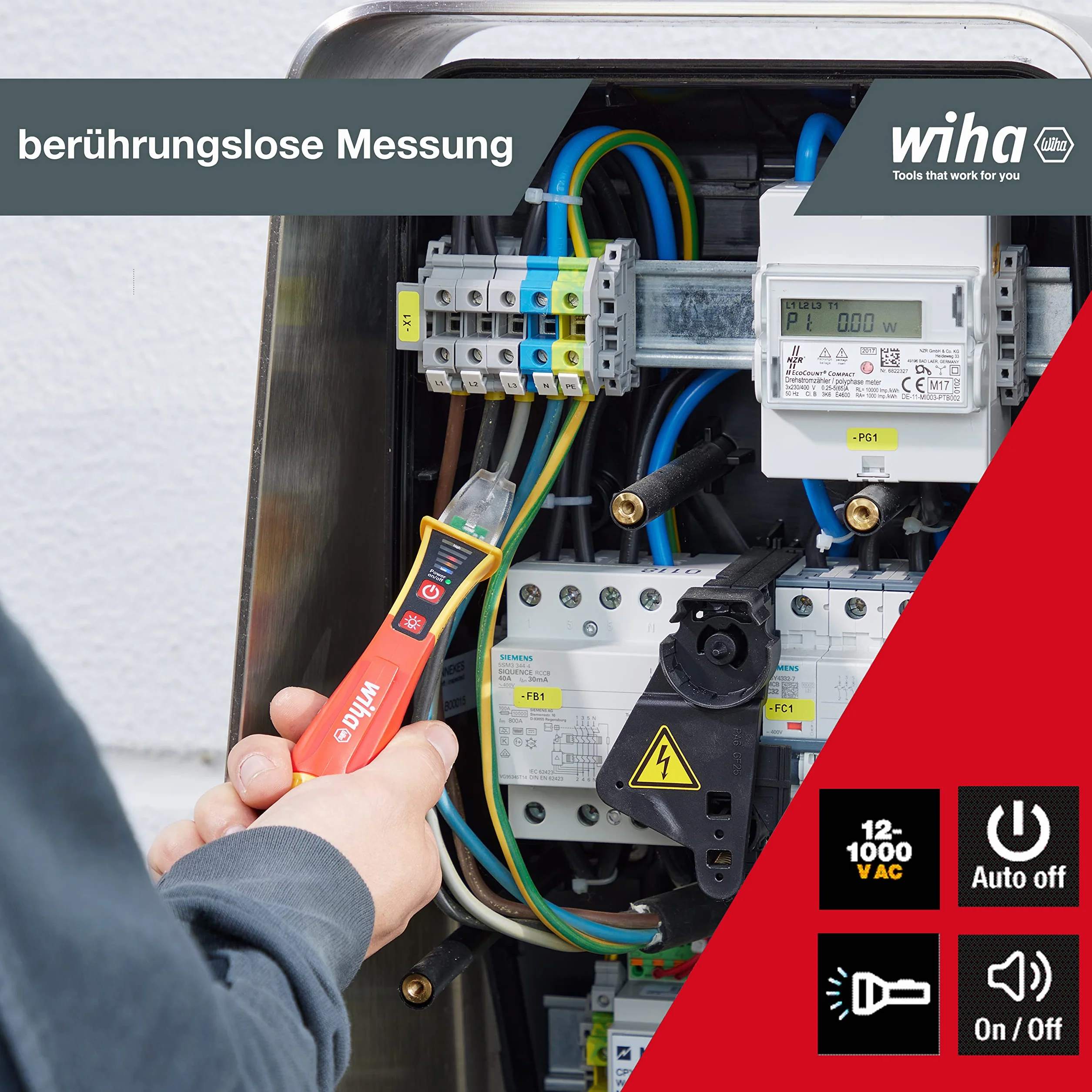 Wiha berührungsloser einpoliger Spannungsprüfer I 12 - 1.000 V AC mit integrierter Taschenlampe inkl. 2x AAA-Batterien (43797)