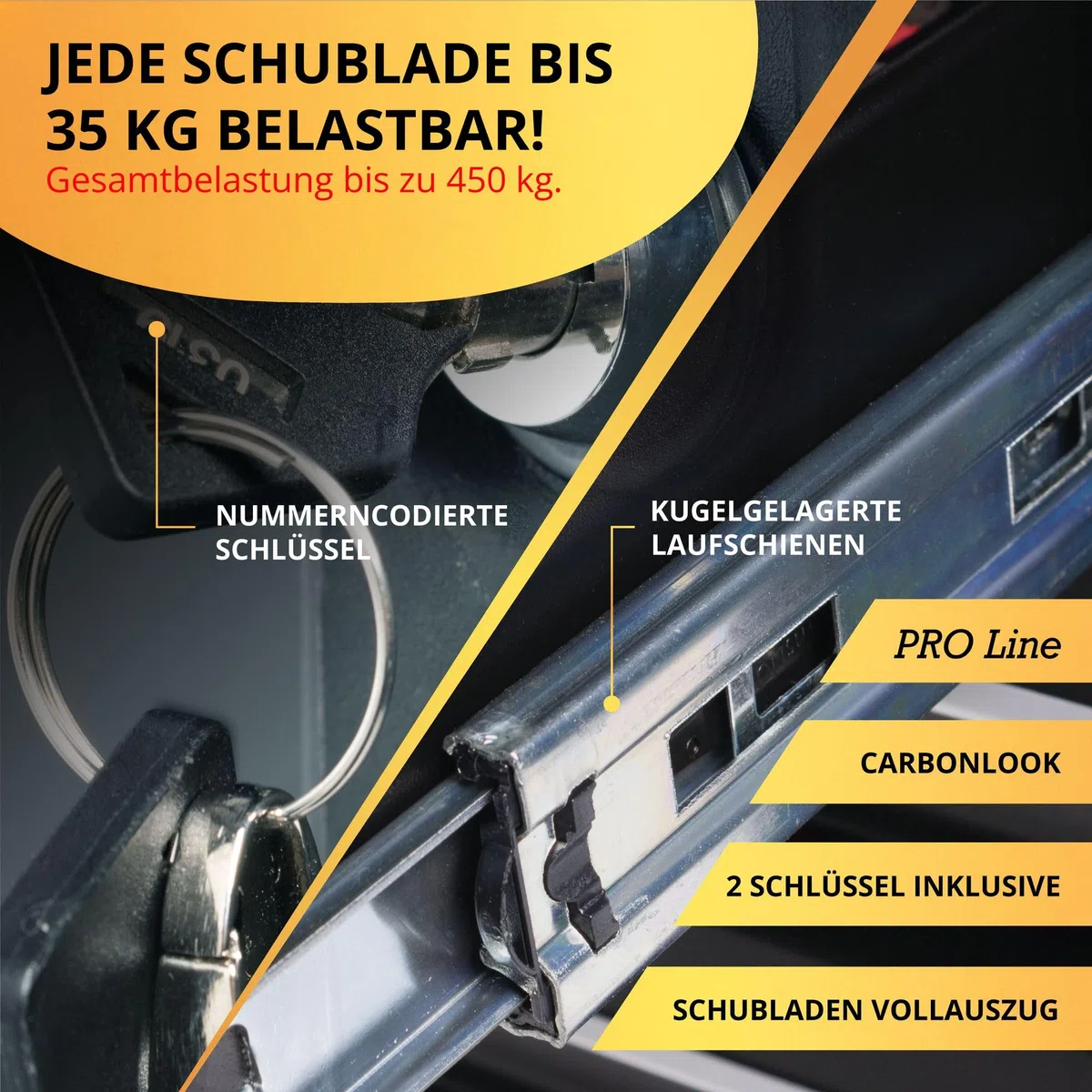 Mephisto Pro-Line Werkzeugwagen Werkstattwagen Double Full Black gefüllt mit 13 Schubfächern inkl. Werkzeug wie VDE Zangen, Steckschlüssel, Ratschen in Soft Inlays in Carbon Lock