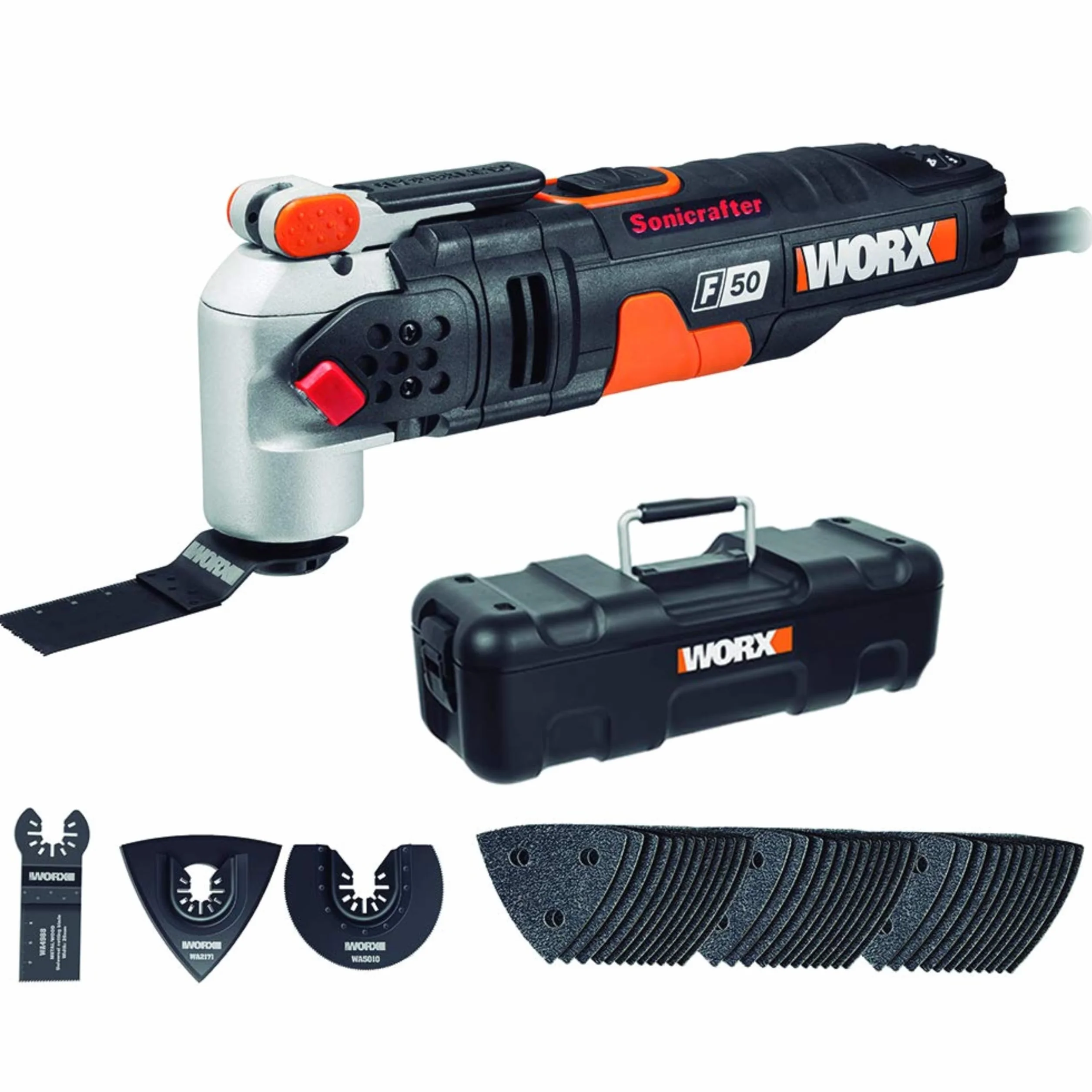 WORX WX681 sonicrafter F50 multifunktionswerkzeug 450w – zum schneiden, polieren, schleifen uvm. – multitools inkl. adapter für universalzubehör, 35mm sägeblatt & 80mm HSS sägeblatt halbrund