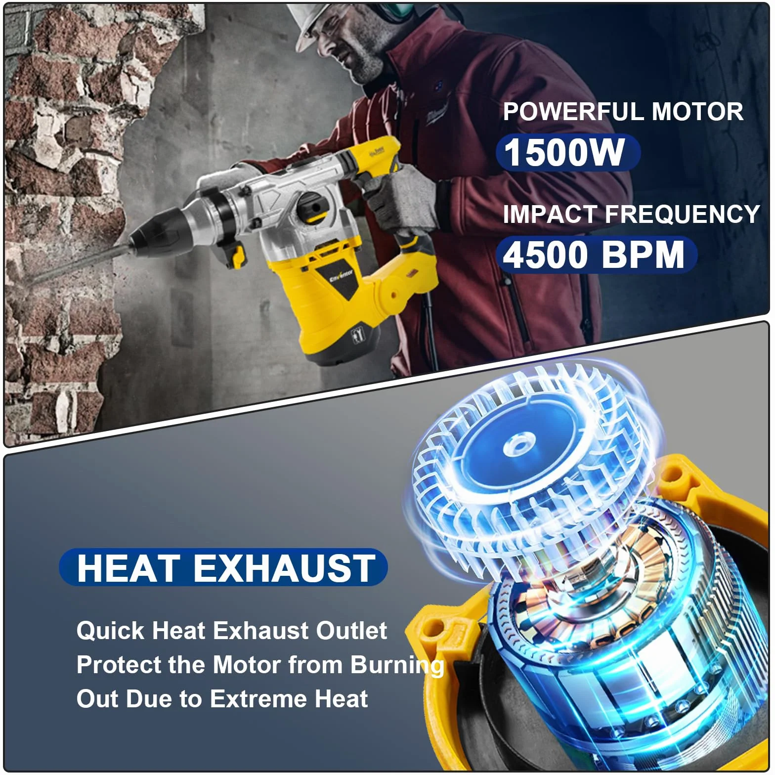 ENVENTOR SDS-Plus Bohrhammer, 1500W Schlagbohrmaschine, 6Joule Abbruchhammer mit Anti-Vibrationsgriff, Max 4500 BPM, 4 Funciones Kombihammer, Max Bohrleistung in Beton(32mm), Metall(13mm), Holz(40mm)