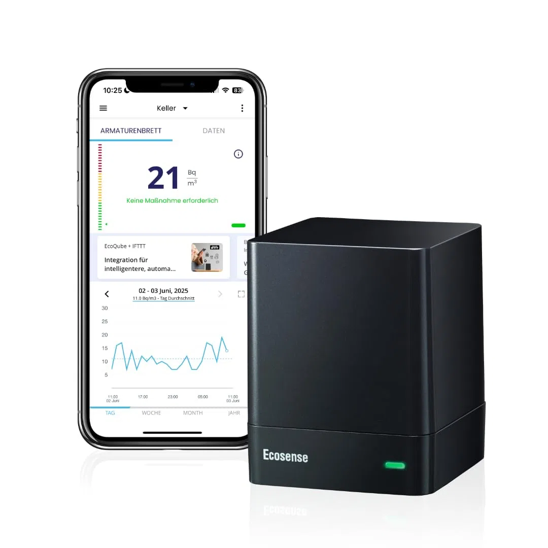 Ecosense EQ100 EcoQube, Digitaler Radon-Detektor, Schnelle Erfassung schwankender Werte, Kurz- & Langzeitüberwachung mit Trenddiagrammen, Fernzugriff auf Daten, Wi-Fi 2,4 GHz Netzwerke nur