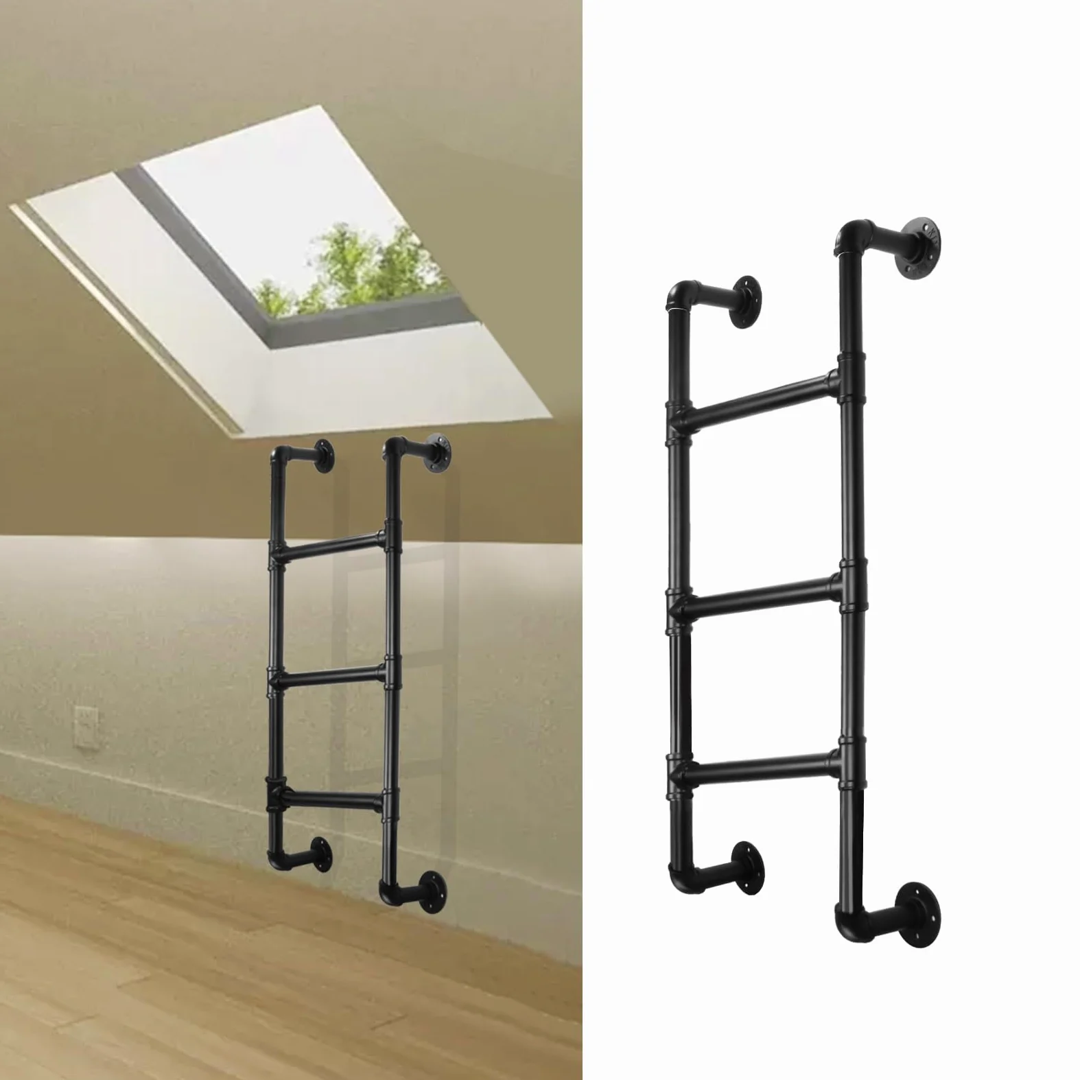 3-Sprossen Wandleiter aus schwarzem Metall, 100 cm/3.3FT, bis 150 kg belastbar, Robuste und platzsparende Ausstiegsleiter für Etagenbett, Loft, Dachboden, und Kellerfensterschacht