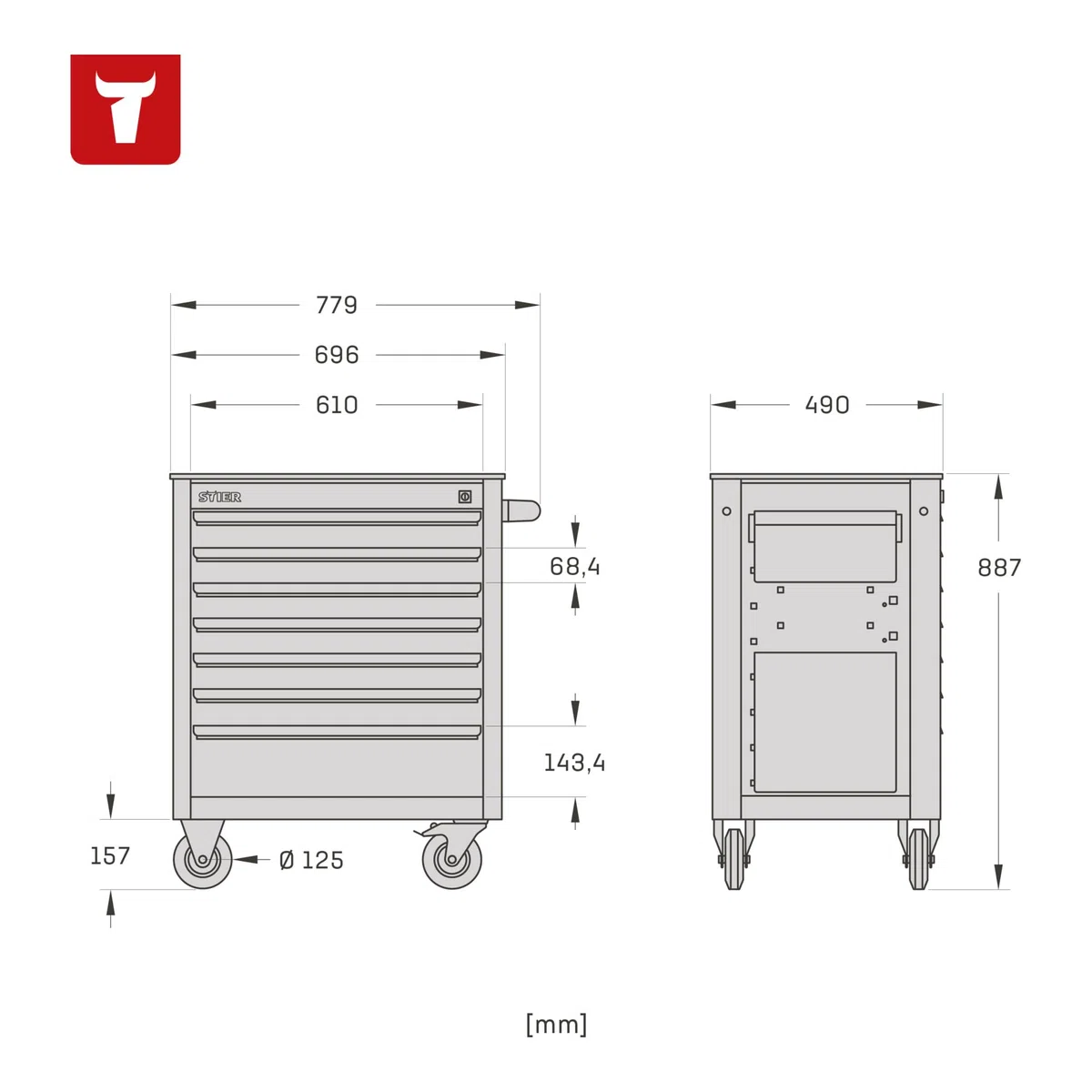 STIER Werkstattwagen, unbestückt - leer, Werkzeugwagen, Montagewagen, mit kugelgelagerten Schubladenschienen, 7 Schubladen, Traglast je Schublade 35kg, Max. Belastung 300kg, Vollgummibereifung