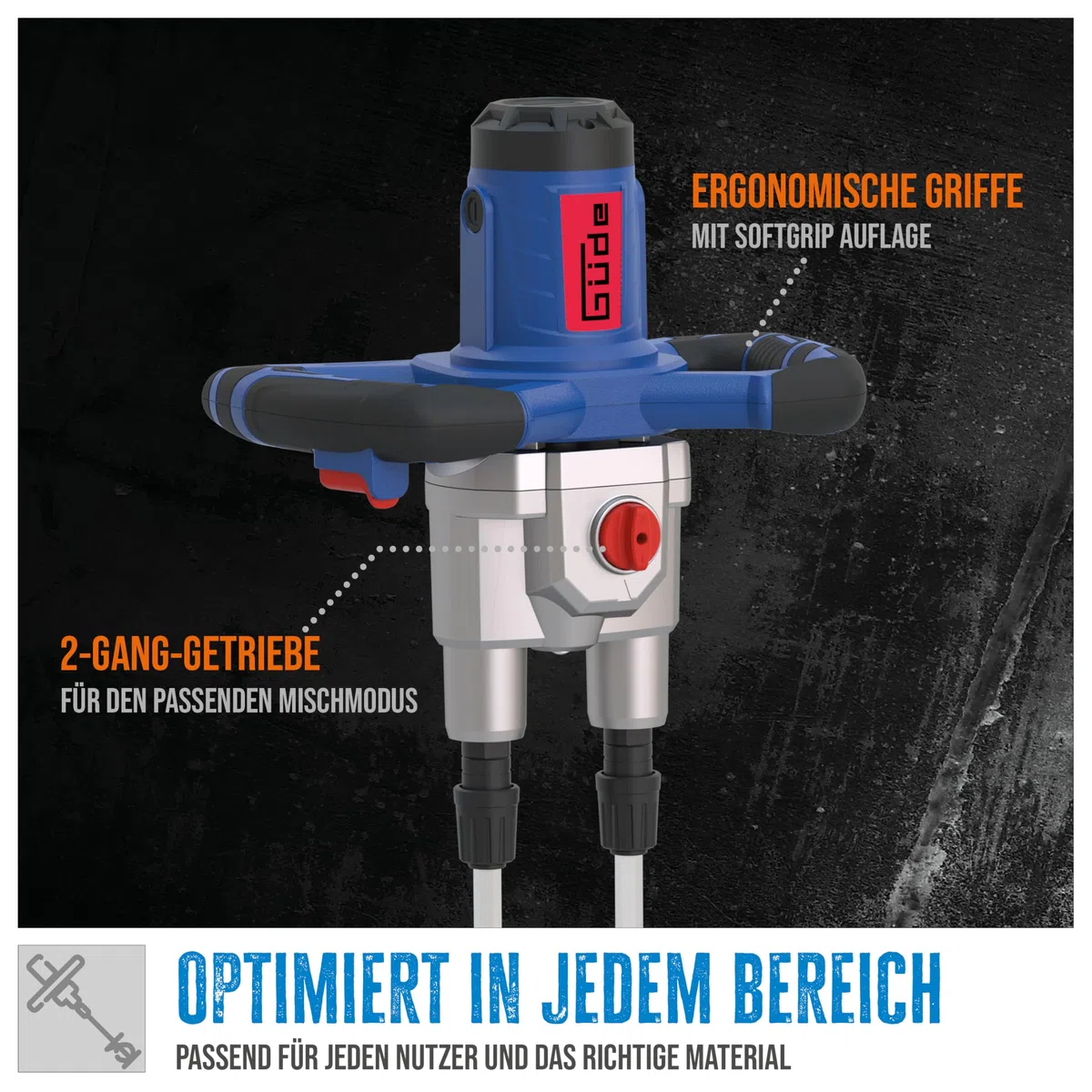 Güde Rührwerk GRW 1811.1 TWIN (1800 W, 2-Gang-Getriebe, 0-460 | 0-620 1/min max. Leerlaufdrehzahl, 100 l max. Mischvolumen, Mischzeitreduzierung bis zu 50%, Soft-Start-Funktion, Metallgetriebegehäuse)