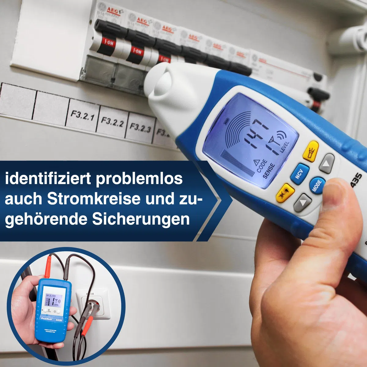 PeakTech P 3435 Leitungssuchgerät mit Sender & Empfänger bis 2m Empfangstiefe [3 Jahre Garantie] Spannungsprüfer berührungslos für Kurzschlüsse, Sicherungen - Leitungssucher für Wände, Decken