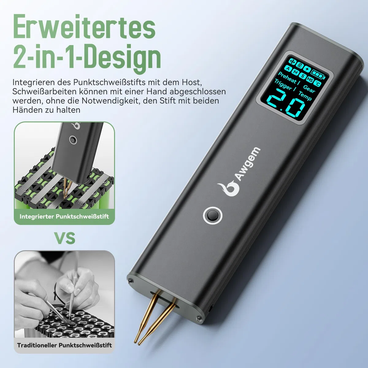 Akku-Punktschweißgerät, AWgem 99-Gang Einstellbares Hand-Punktschweißgerät, Kleines Punktschweißgerät mit LCD-Anzeige, tragbarer Punktschweißer mit Automatischem und Manuellem Modus für 18650-Akku
