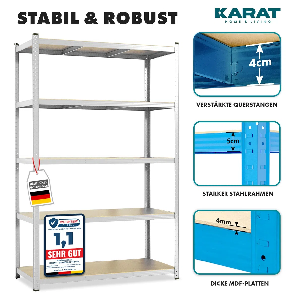 KARAT Schwerlastregal, 180 x 90 x 60 cm Steckregal, Kellerregal, Lagerregal, Metallregal - aus Stahl Metall - 5 verstellbare Böden (Verzinkt)
