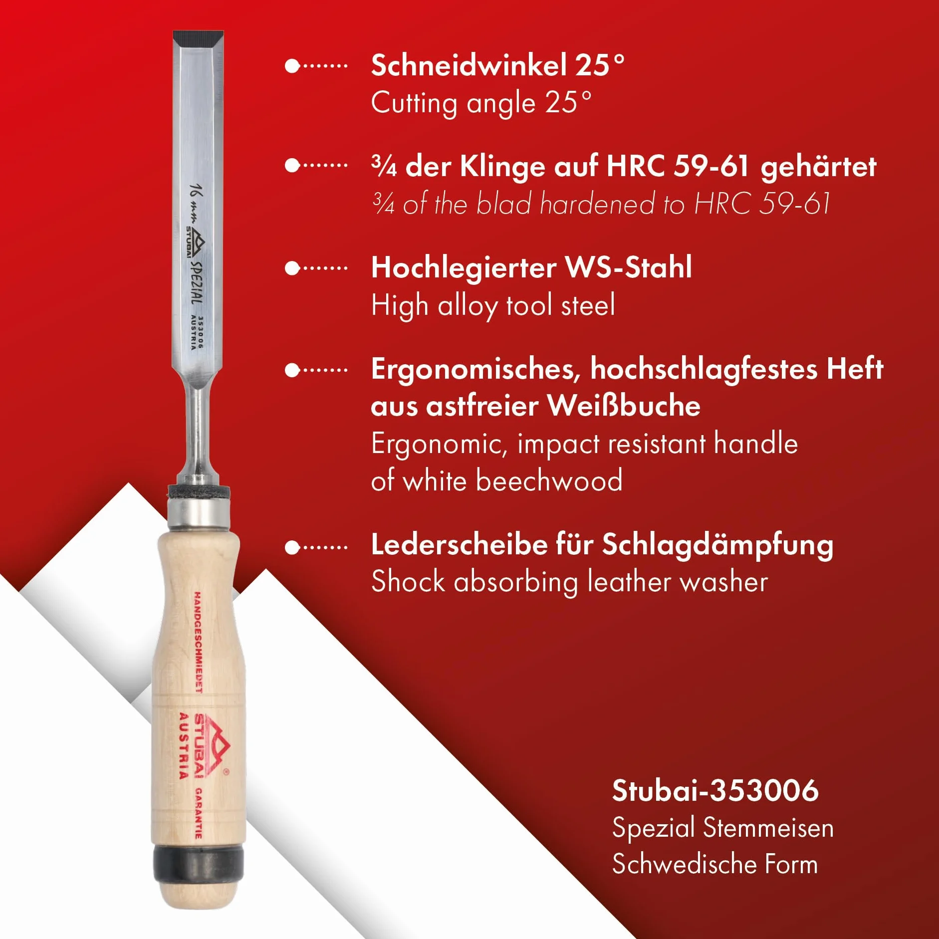 STUBAI Spezial Stemmeisensatz | schwedische Form | 6-teilig (6/10/13/16/20/26 mm) | Weißbuchen-Holzheft, polierte Spiegelflächen, Seitenfasen, Profi-Beitel-Set für präzise Holzbearbeitung
