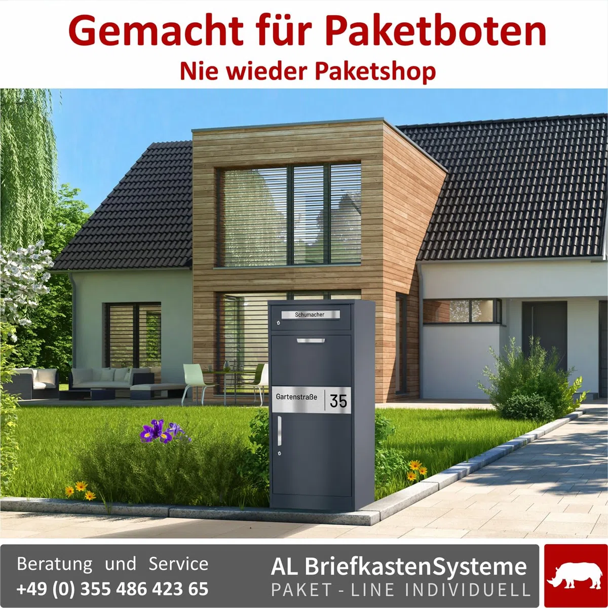 AL Paket-Line - Briefkasten mit Paketfach groß XXL wetterfest mit Namensgravur Paketbriefkasten freistehend drinnen und draußen rostfrei Anthrazit RAL 7016 Paketbox modern massiv mit Rückholsperre