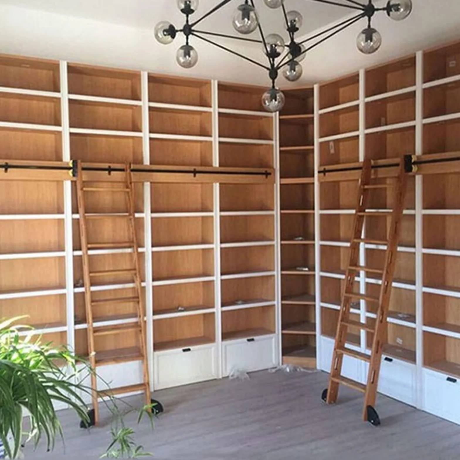 Rollende Bibliotheksleiter-Hardware-Kit – vollständiger Satz schwarzer Stahlschienen mit Bodenrollenrädern – 1 m bis 6 m Schiebe-Bibliotheksleiter (ohne Leiter)