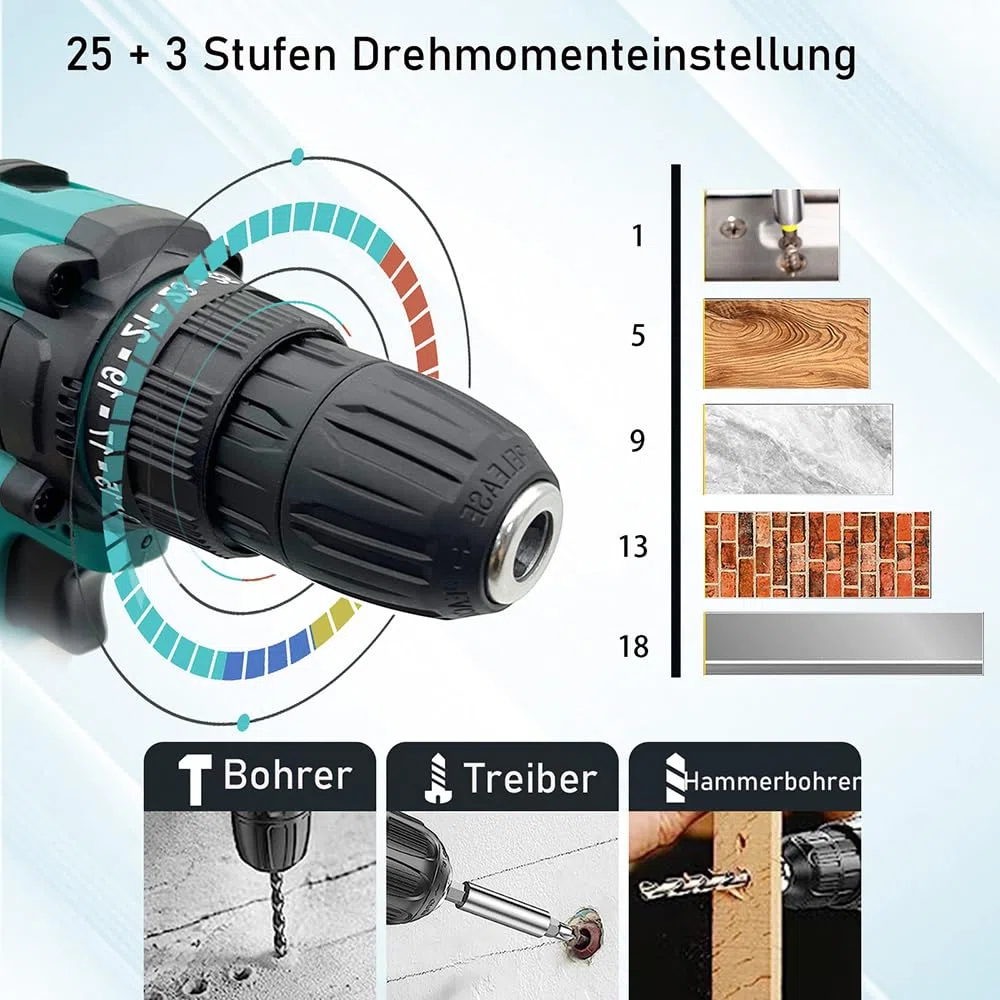 Akku Bohrschrauber 21V/18V, Ersatz für Makita 18V Akku, mit 26PCS Zubehöre,1x 3.0 Ah Akku und Ladegerät, 45 N.m, 25+1Drehmomentstufen, 2-Gang, für Haus DIY Projekt