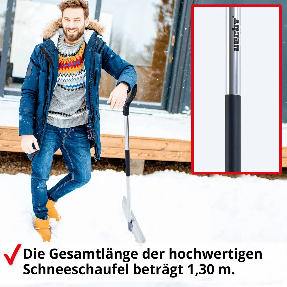 Hecht Profi Schneeschieber - Schneeschaufel mit leichtem Stiel aus Aluminium – 46 cm Metallblatt – Schiebekante – Ideale Schaufel für den Winterdienst – Premium Schneeschieber