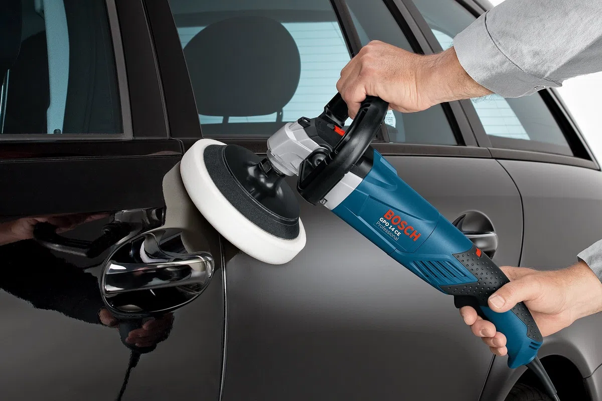 Bosch Professional Polierer GPO 14 CE (1.400 Watt, Leerlaufdrehzahl 750-3.000 min-1, inkl. Zusatzhandgriff, D-Griff) + Polierschwamm 170mm, 1 Stk.
