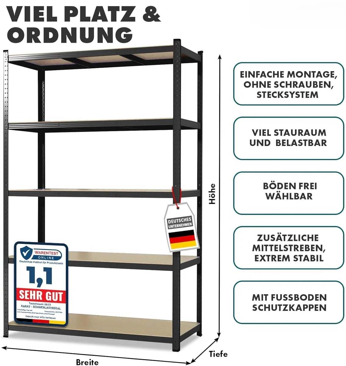 Floordirekt Schwerlastregal, 2er Set, schwarz 200 x 100 x 50 cm Steckregal, Kellerregal, Lagerregal, Werkstattregal, Werkbank - 5 verstellbare Böden (Lakota)